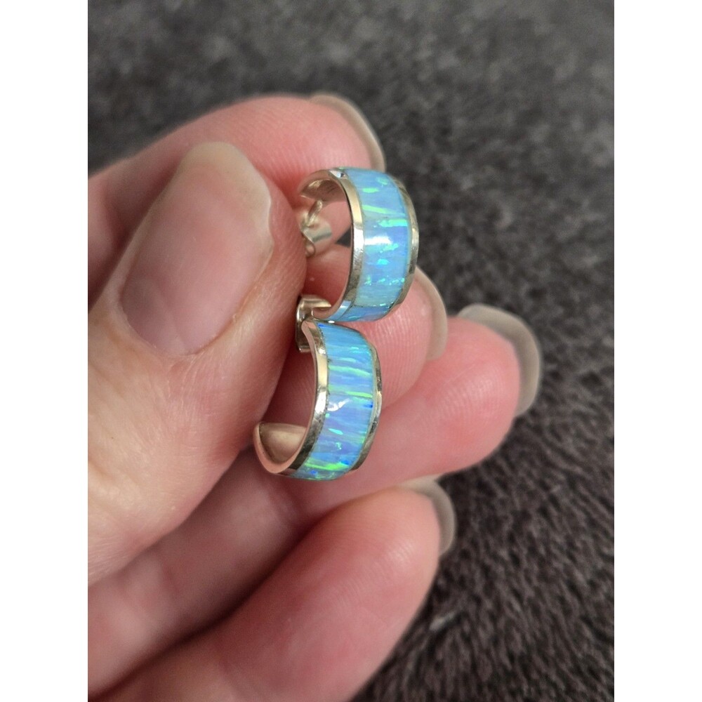 Vintage Mexico 950 Silver Blue Fire Opal Inlay Hoop Earrings Modernist Southwest